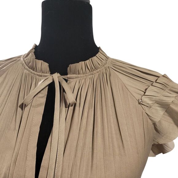 Evereve Tan Metallic Silky Flutter Sleeve Blouse with Mandarin Collar Size XS - Picture 6 of 8